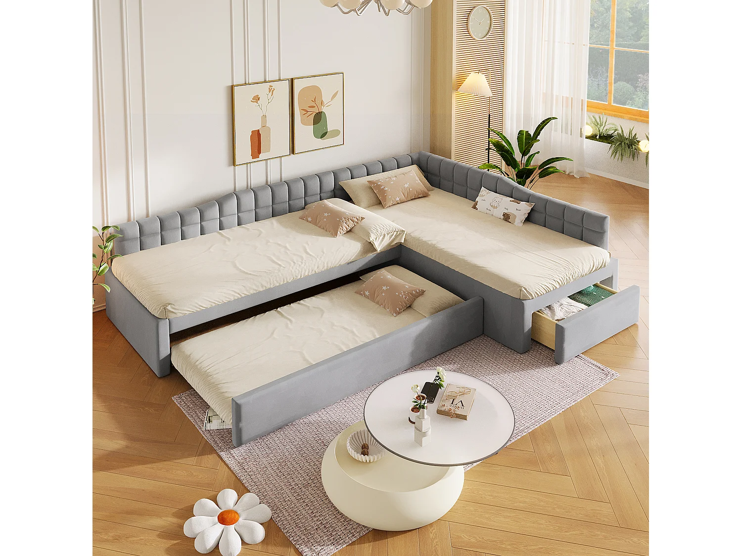 Lit rembourré pour enfant en L, 90 x 200, avec lit gigogne, tiroirs et revêtement en velours doux, gris