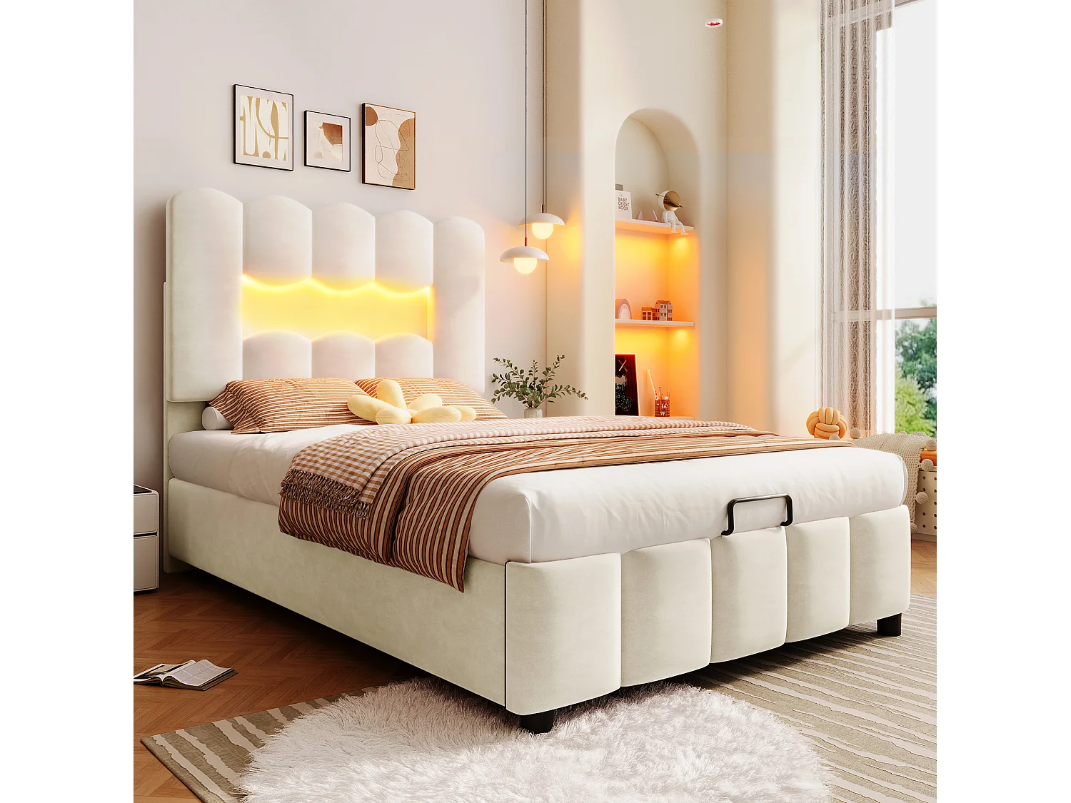 Lit rembourré pour enfant 90 x 200 cm, avec éclairage LED, équipé d'un système hydraulique, tête de lit réglable, en velours, beige