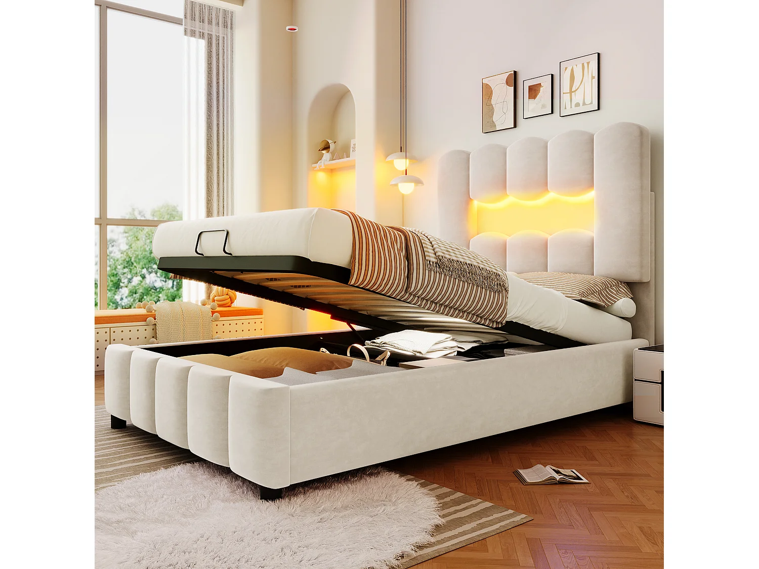Lit rembourré pour enfant 90 x 200 cm, avec éclairage LED, équipé d'un système hydraulique, tête de lit réglable, en velours, beige