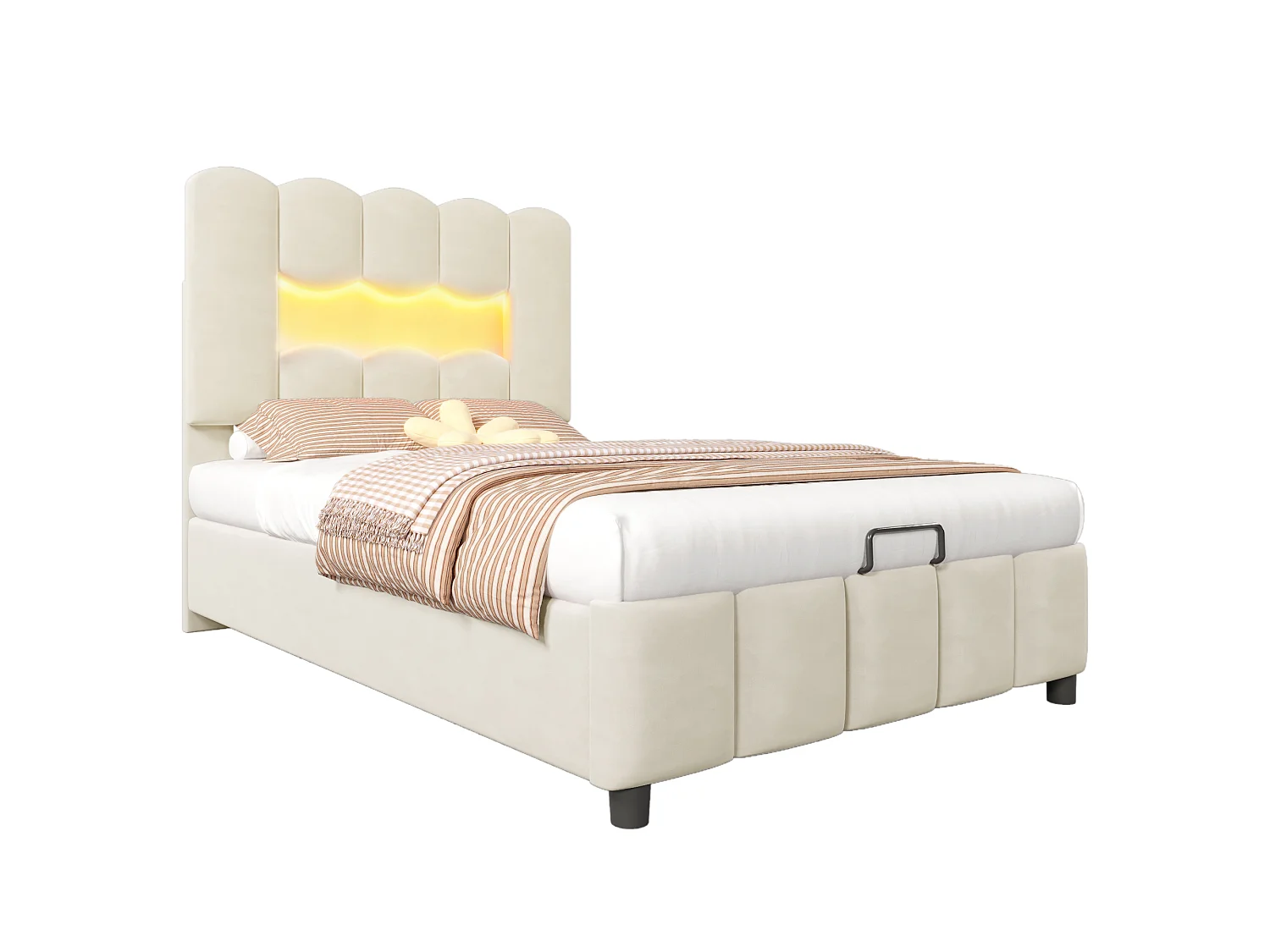 Lit rembourré pour enfant 90 x 200 cm, avec éclairage LED, équipé d'un système hydraulique, tête de lit réglable, en velours, beige