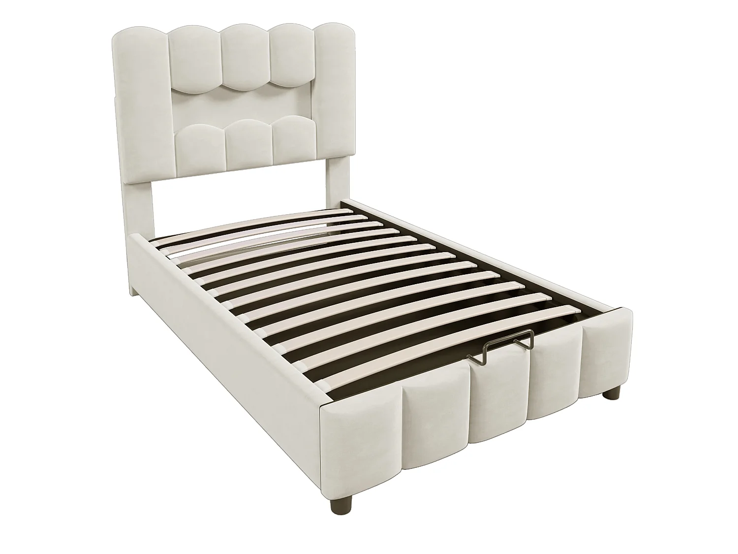 Lit rembourré pour enfant 90 x 200 cm, avec éclairage LED, équipé d'un système hydraulique, tête de lit réglable, en velours, beige
