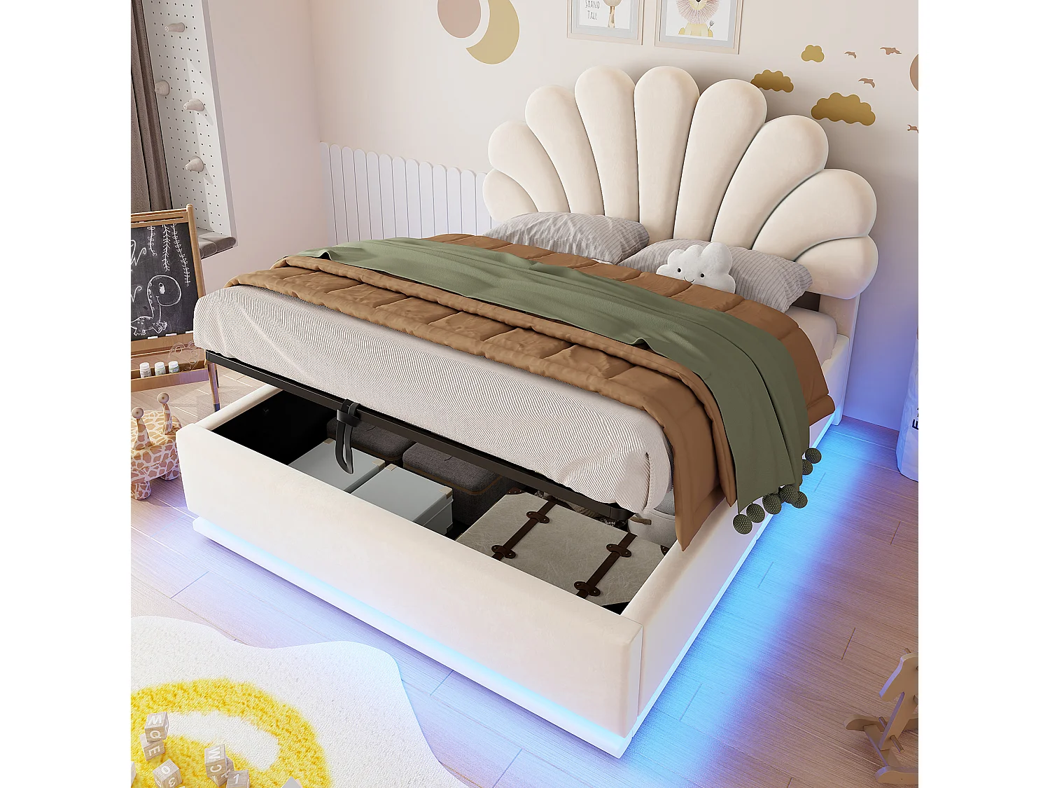 Lit rembourré pour enfant 140 × 200 cm, motif floral, rangement hydraulique, éclairage LED et structure métallique, velours, beige