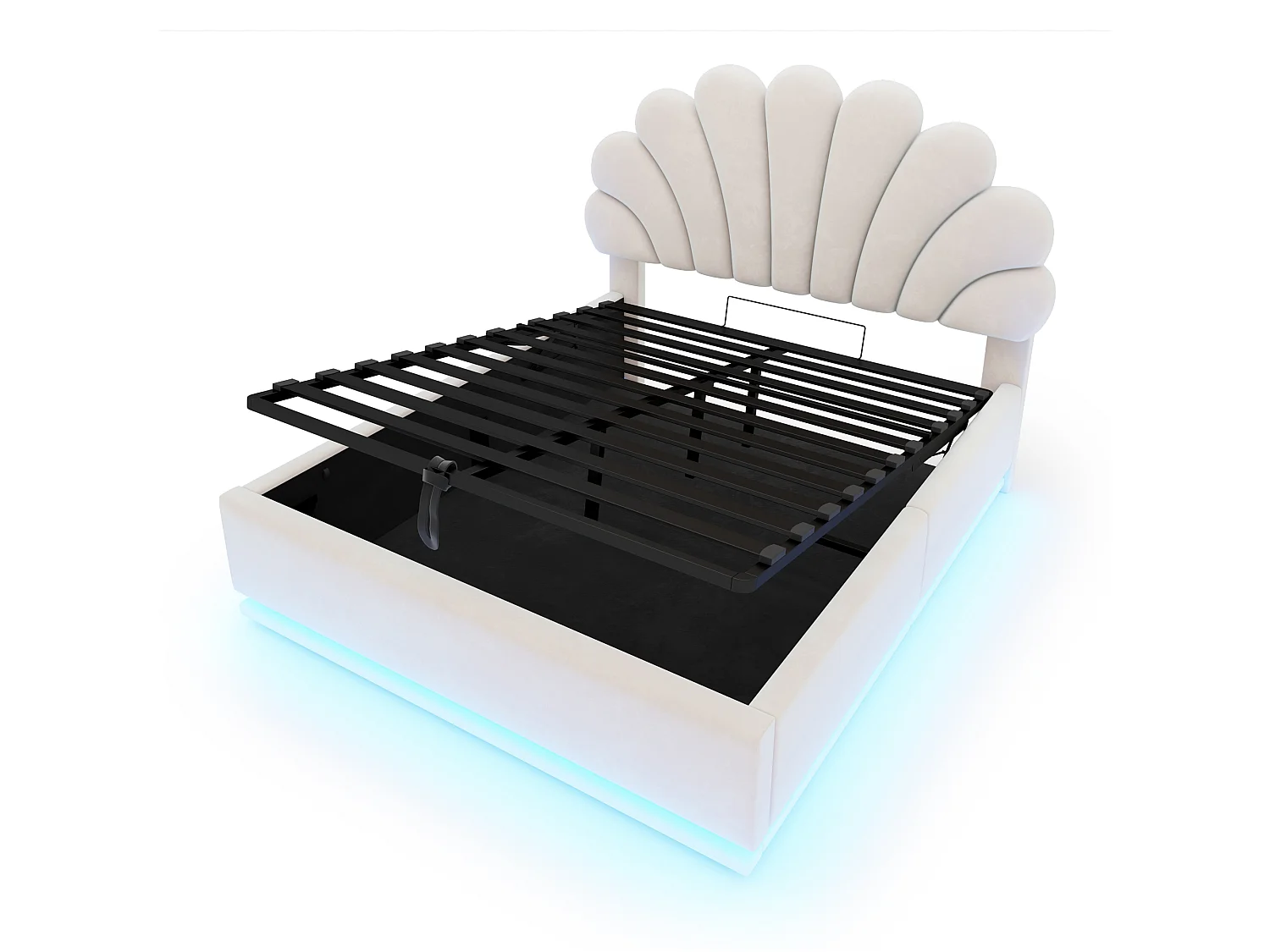 Lit rembourré pour enfant 140 × 200 cm, motif floral, rangement hydraulique, éclairage LED et structure métallique, velours, beige