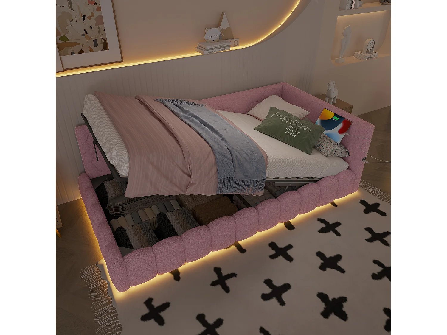 Canapé-lit 90 × 200 cm, rangement hydraulique, bande lumineuse LED, port USB Type-C, revêtement imitation feutre, rose