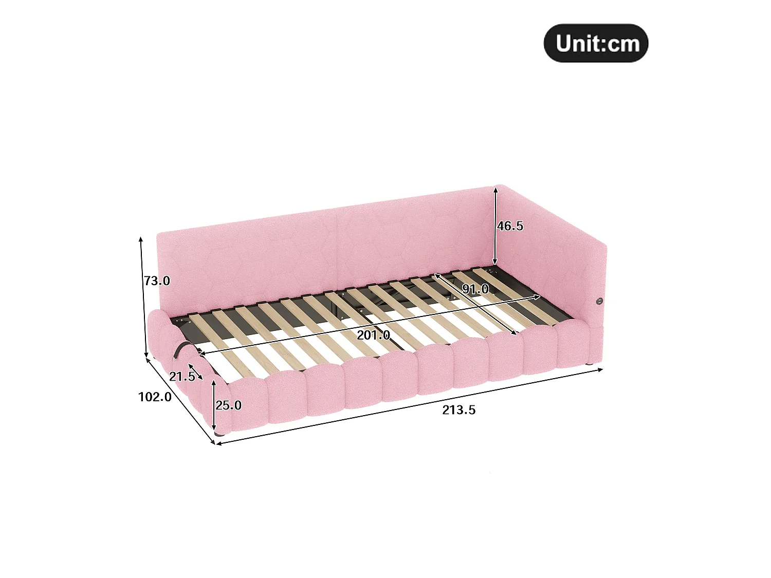 Canapé-lit 90 × 200 cm, rangement hydraulique, bande lumineuse LED, port USB Type-C, revêtement imitation feutre, rose