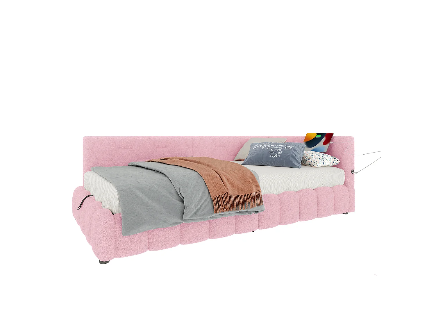 Canapé-lit 90 × 200 cm, rangement hydraulique, bande lumineuse LED, port USB Type-C, revêtement imitation feutre, rose