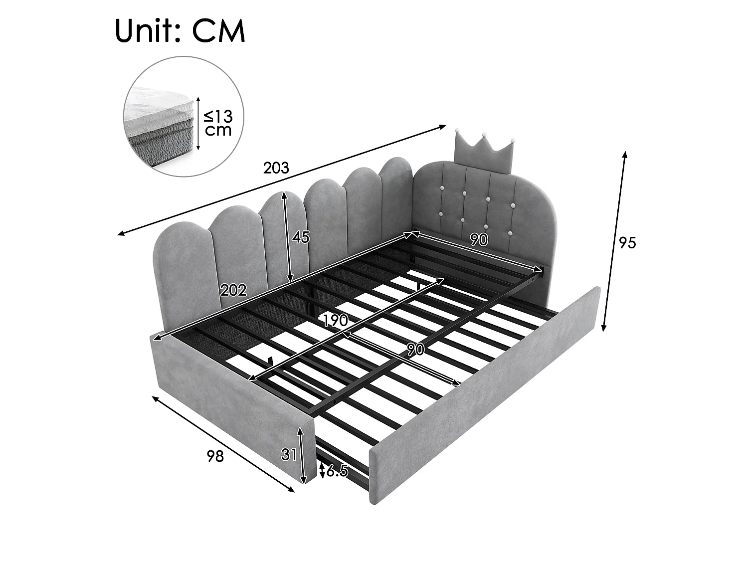 Canapé-lit de 90 × 200 cm, avec lit coulissant pouvant se transformer en lit d'appoint simple de 90 × 190 cm, forme en L, velours, gris