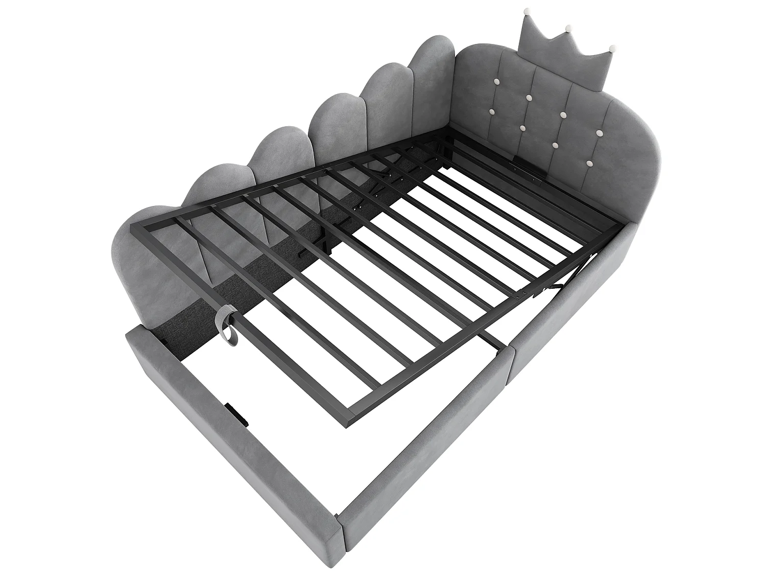 Canapé-lit rembourré 90 x 200 cm, avec espace de rangement, en L, orné d'un motif en treillis en forme de couronne, en velours,  gris