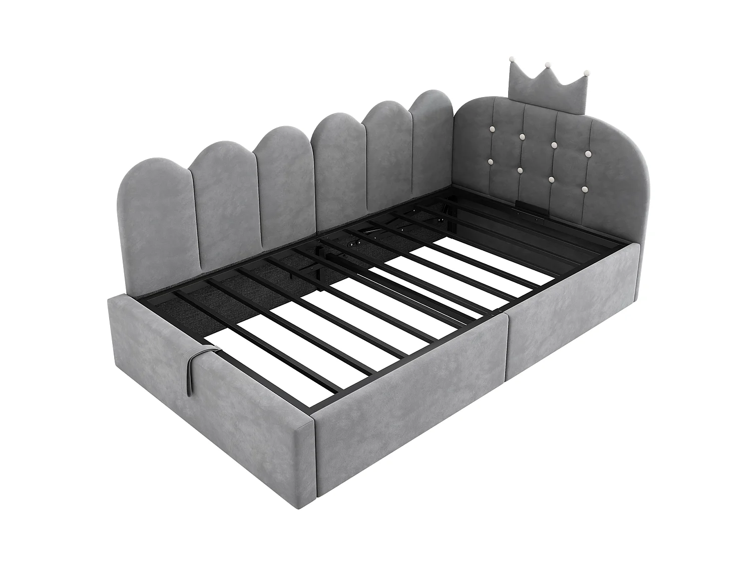 Canapé-lit rembourré 90 x 200 cm, avec espace de rangement, en L, orné d'un motif en treillis en forme de couronne, en velours,  gris