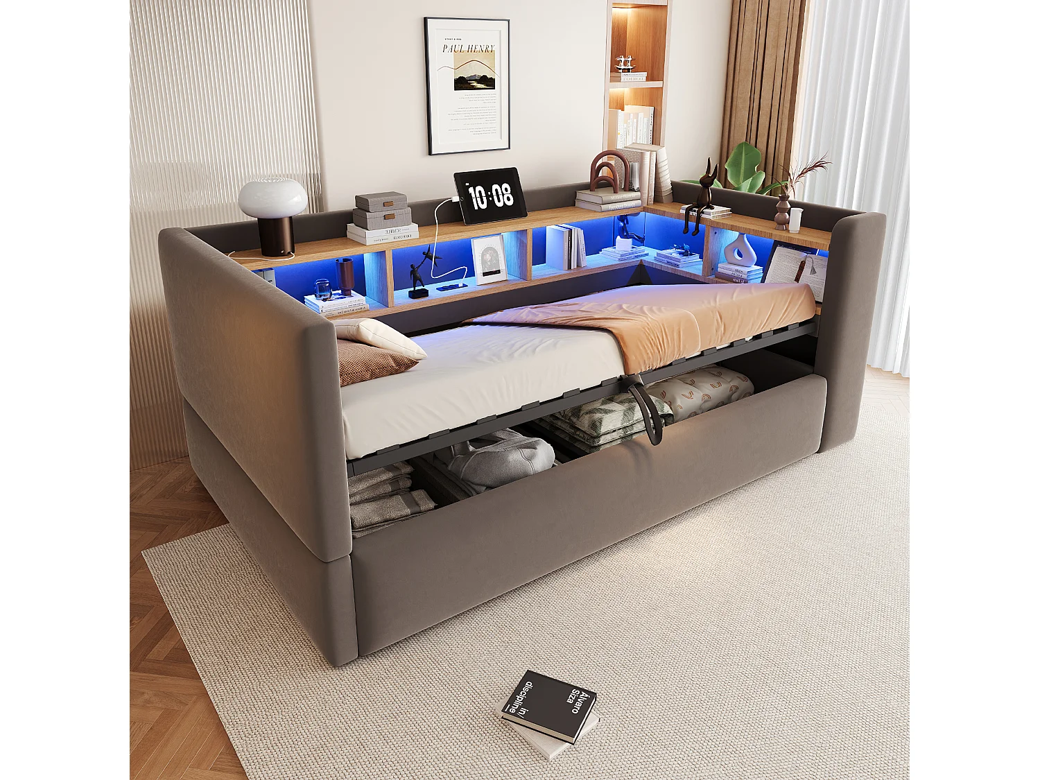 Canapé - lit 90×190 cm avec rangement hydraulique, équipé de lampes LED, prises électriques et treillis de rangement, gris foncé