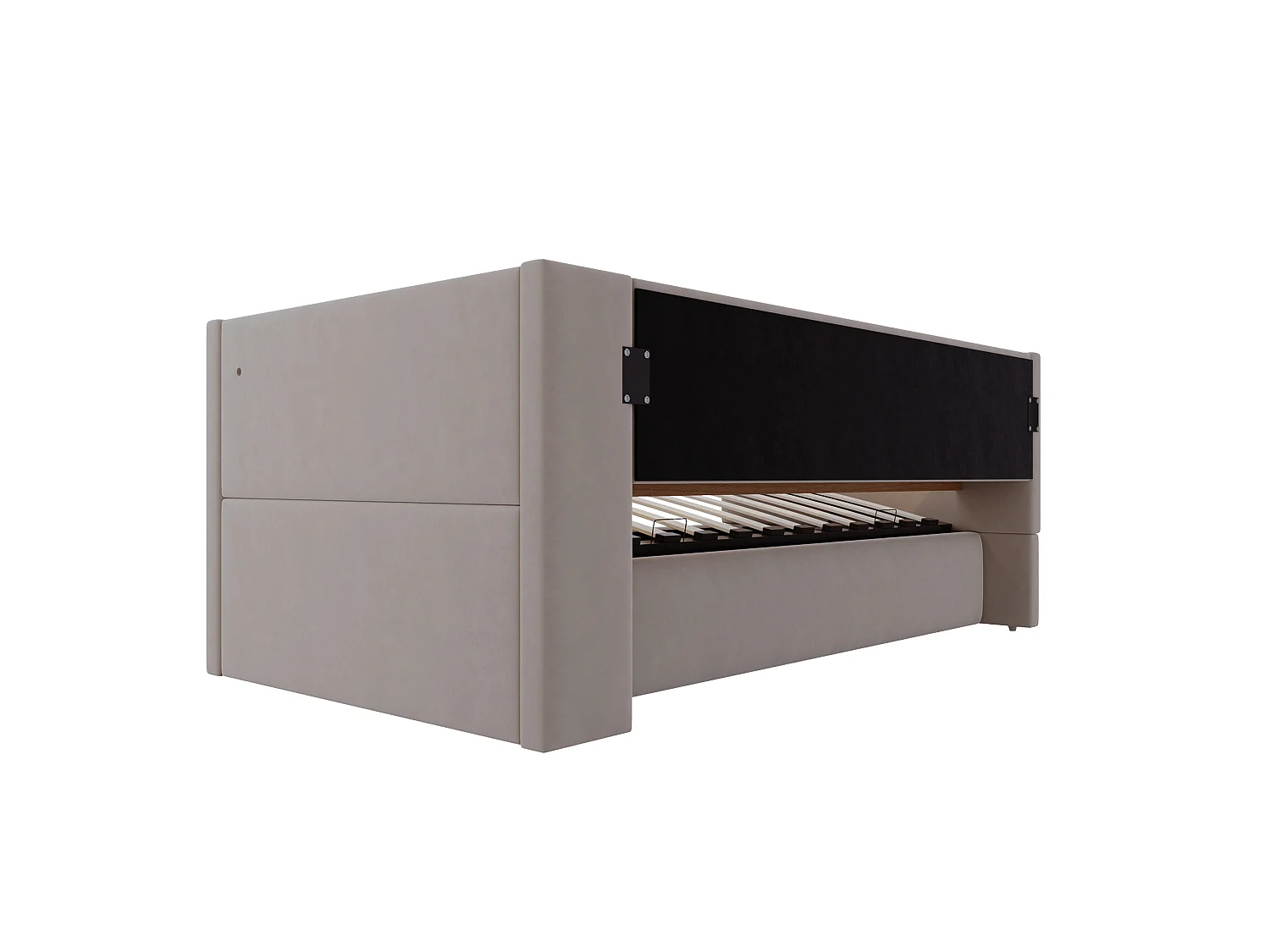 Canapé - lit 90×190 cm avec rangement hydraulique, équipé de lampes LED, prises électriques et treillis de rangement, gris foncé