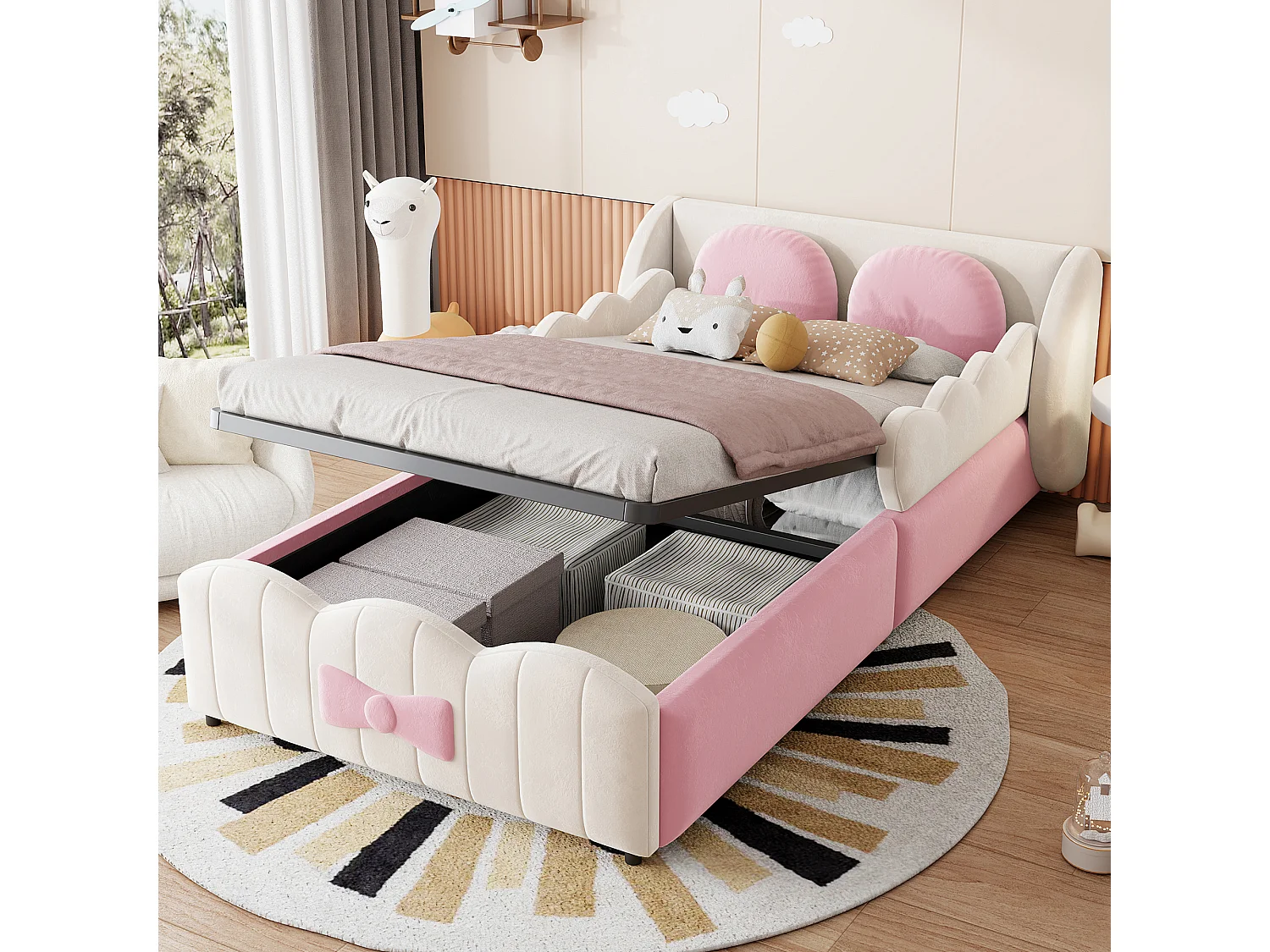 Lit simple pour enfant 90 x 200, avec rangement hydraulique, livré avec 2 grands coussins décoratifs, en velours, beige