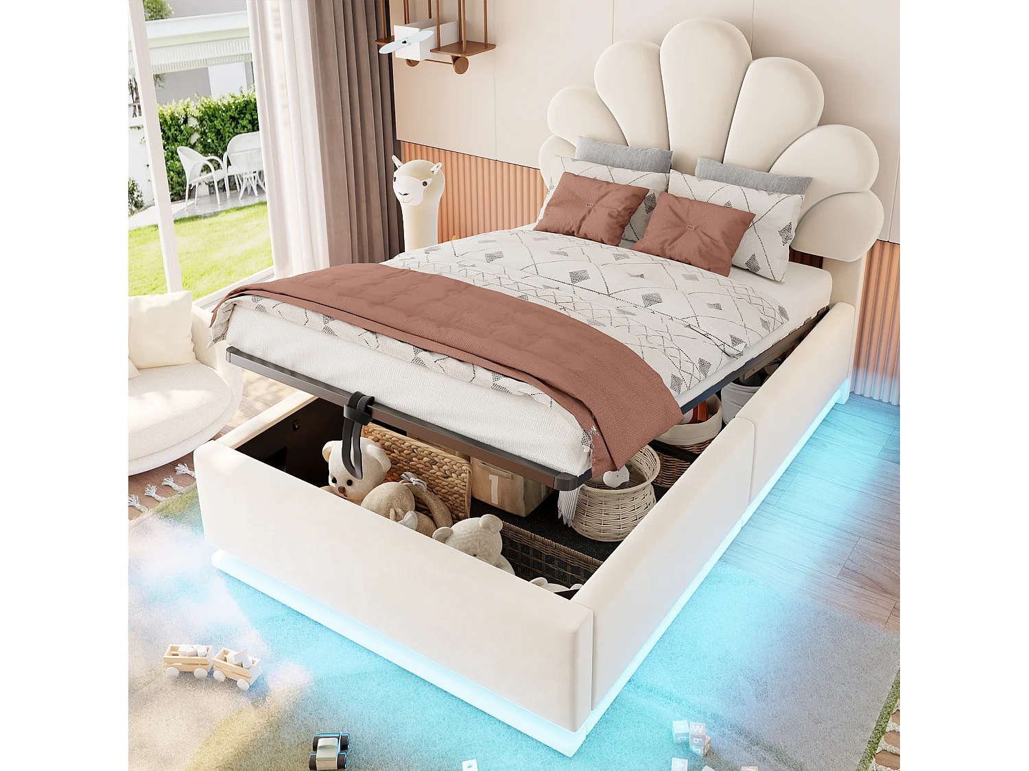 Lit rembourré pour enfant 90 × 200 cm, motif floral, rangement hydraulique, éclairage LED et structure métallique, velours, beige