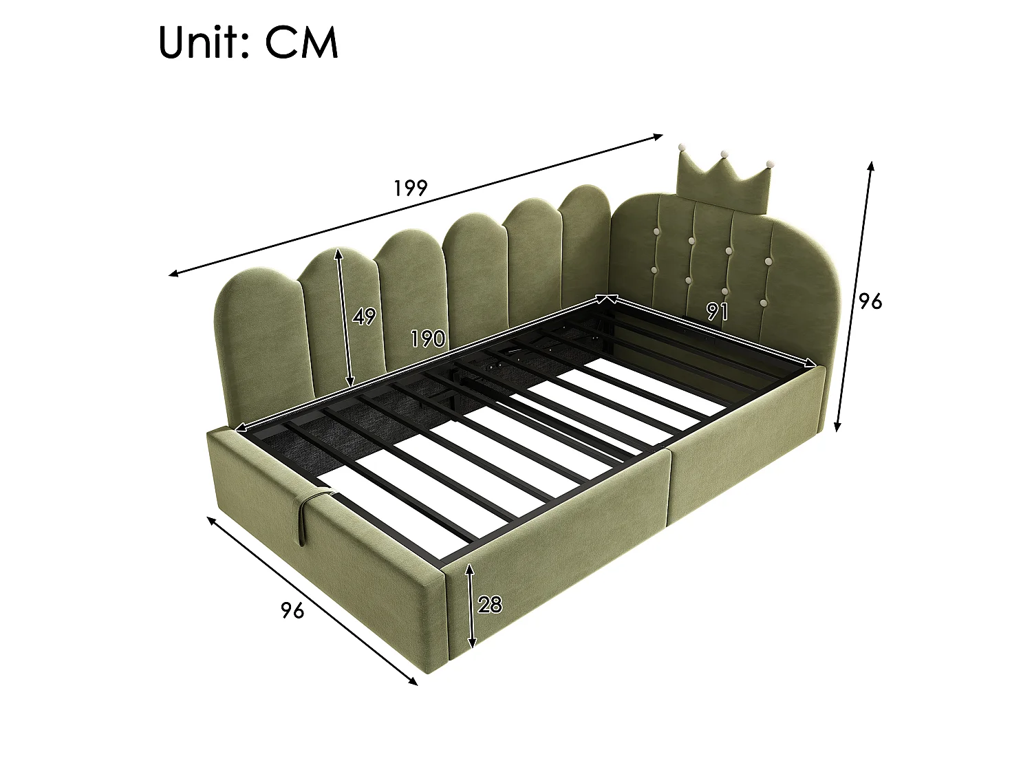 Canapé-lit rembourré 90 x 190 cm, avec espace de rangement, en L, orné d'un motif en treillis en forme de couronne, en velours,  vert