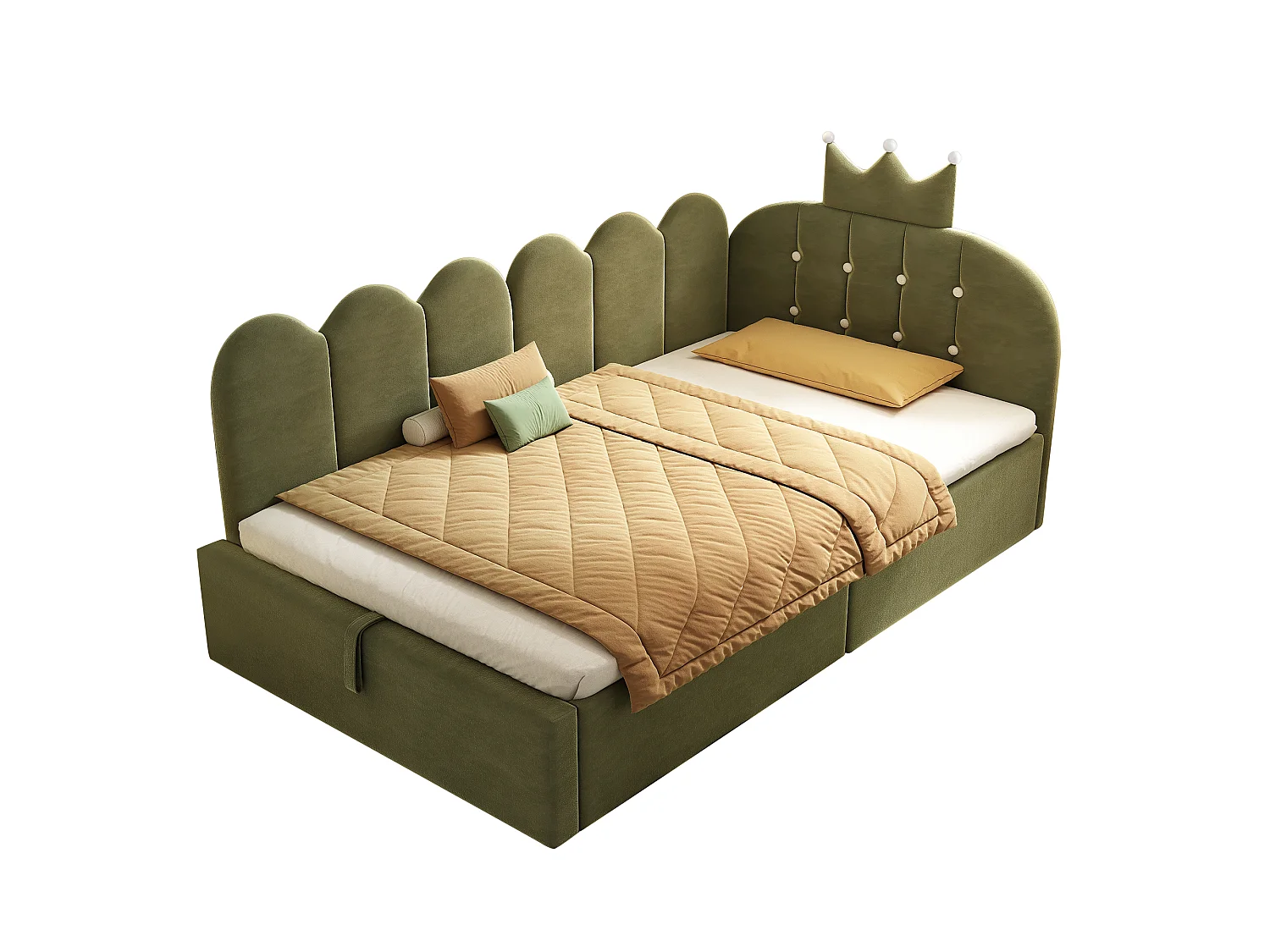 Canapé-lit rembourré 90 x 190 cm, avec espace de rangement, en L, orné d'un motif en treillis en forme de couronne, en velours,  vert