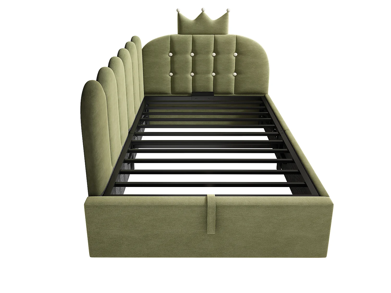 Canapé-lit rembourré 90 x 190 cm, avec espace de rangement, en L, orné d'un motif en treillis en forme de couronne, en velours,  vert