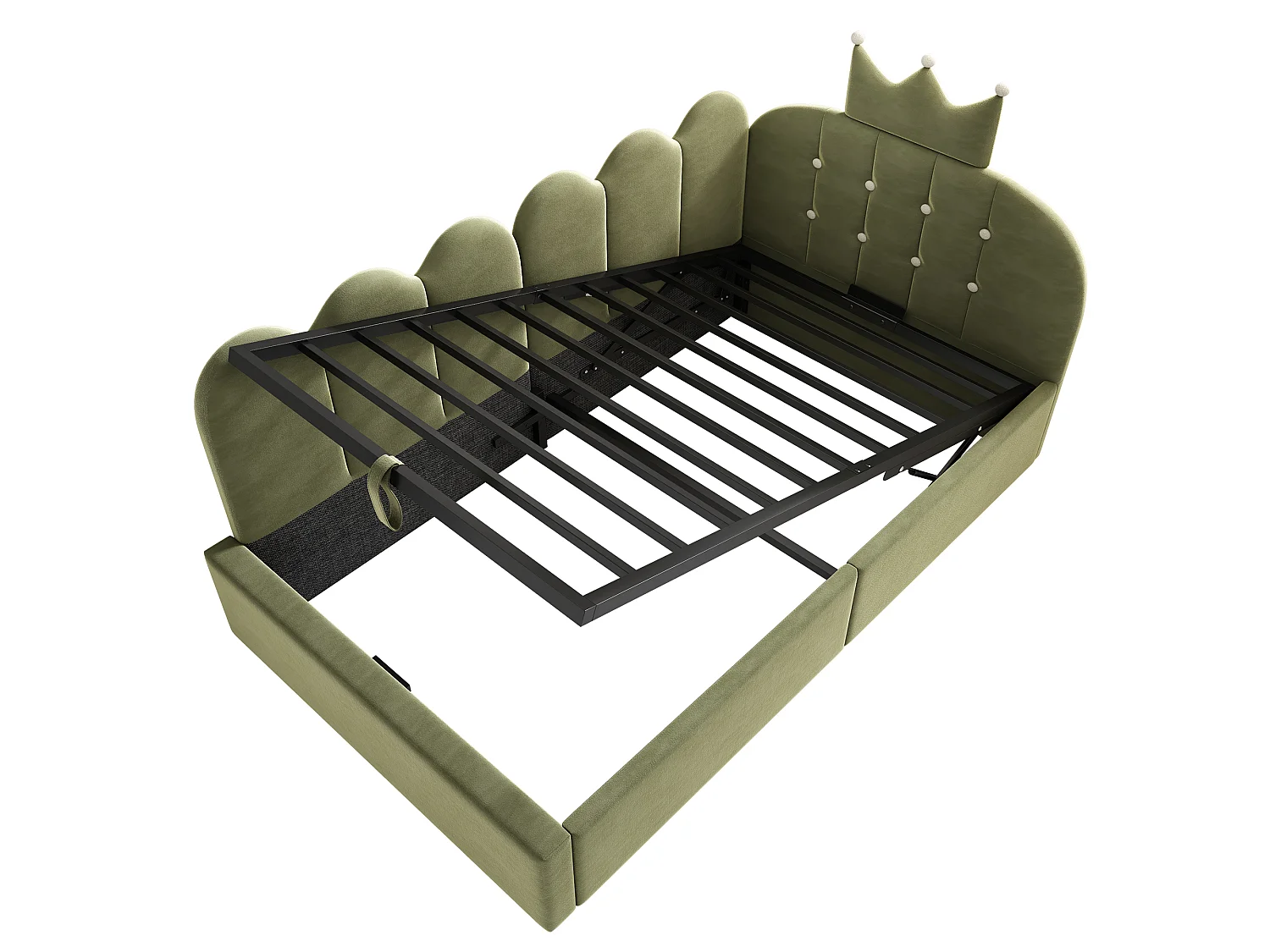 Canapé-lit rembourré 90 x 190 cm, avec espace de rangement, en L, orné d'un motif en treillis en forme de couronne, en velours,  vert