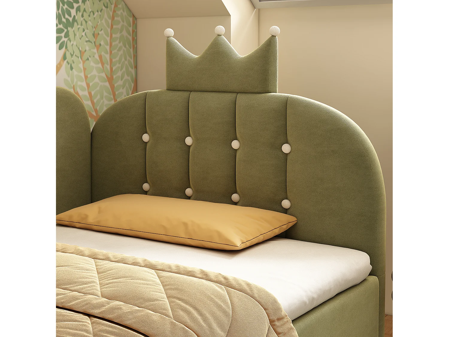 Canapé-lit rembourré 90 x 190 cm, avec espace de rangement, en L, orné d'un motif en treillis en forme de couronne, en velours,  vert