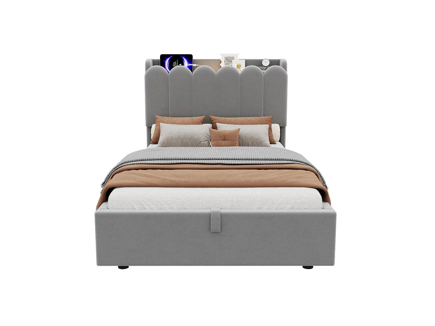 Lit d'enfant rembourré 90 x 200 cm, rangement hydraulique, station de recharge USB et Type-C et lampe de lecture, en velours, gris