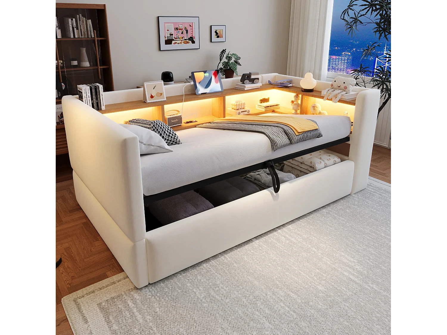 Canapé - lit 90×190 cm avec rangement hydraulique, équipé de lampes LED, prises électriques et treillis de rangement, beige