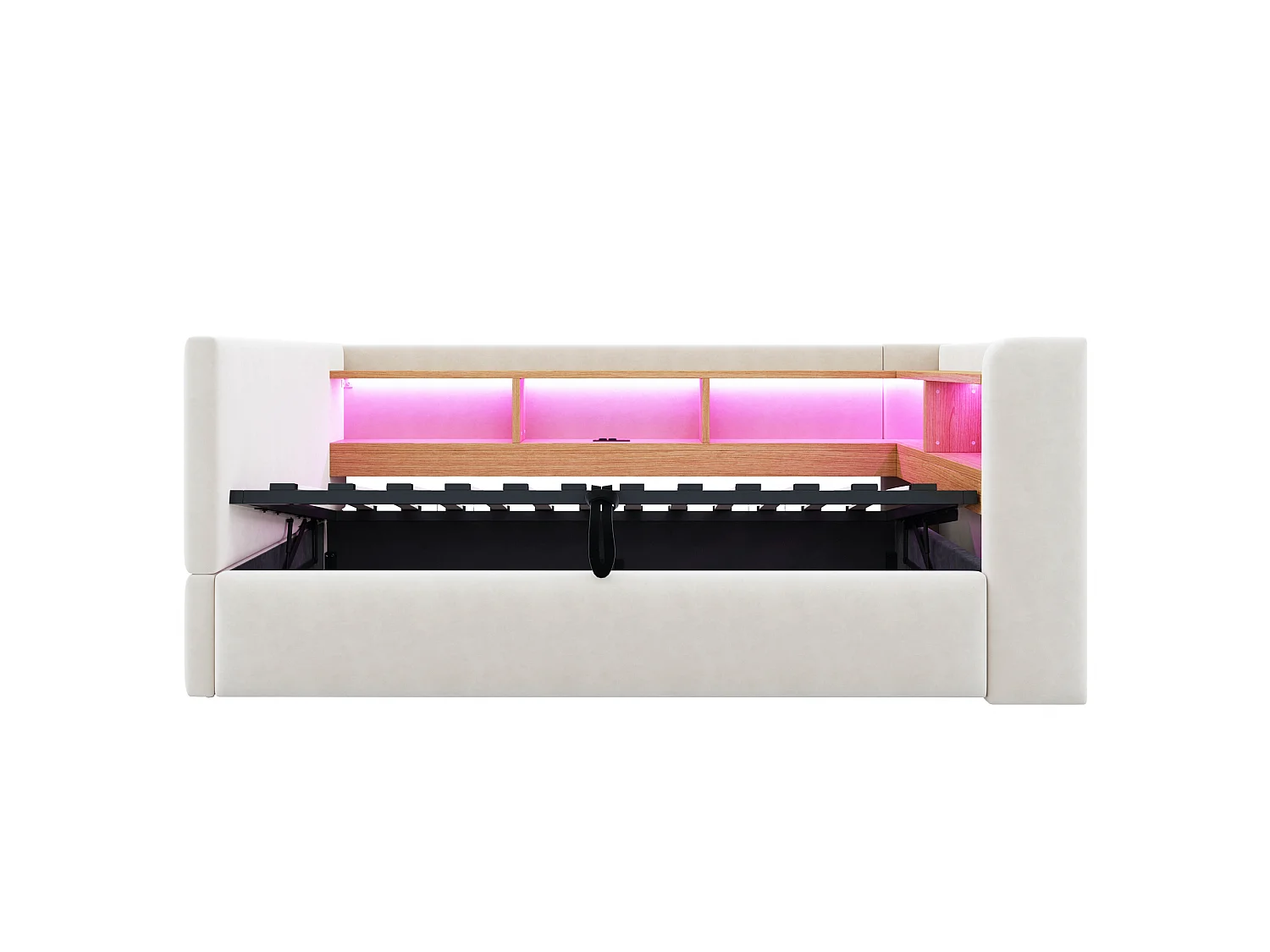 Canapé - lit 90×190 cm avec rangement hydraulique, équipé de lampes LED, prises électriques et treillis de rangement, beige