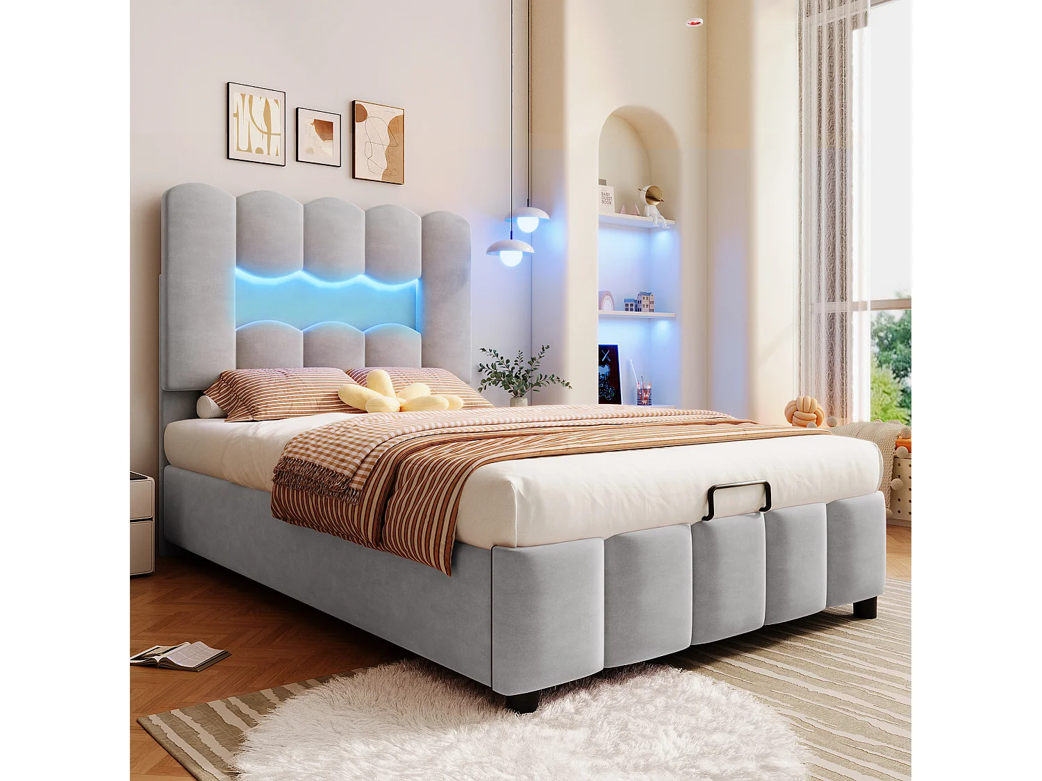 Lit rembourré pour enfant 90 x 200 cm, avec éclairage LED, équipé d'un système hydraulique, tête de lit réglable, en velours, gris
