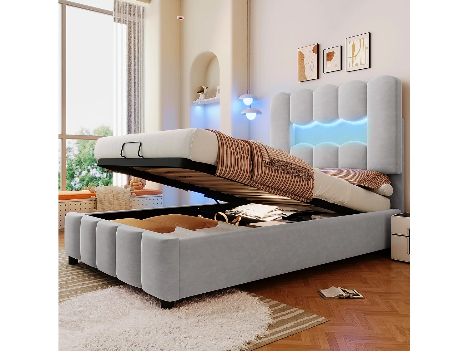 Lit rembourré pour enfant 90 x 200 cm, avec éclairage LED, équipé d'un système hydraulique, tête de lit réglable, en velours, gris