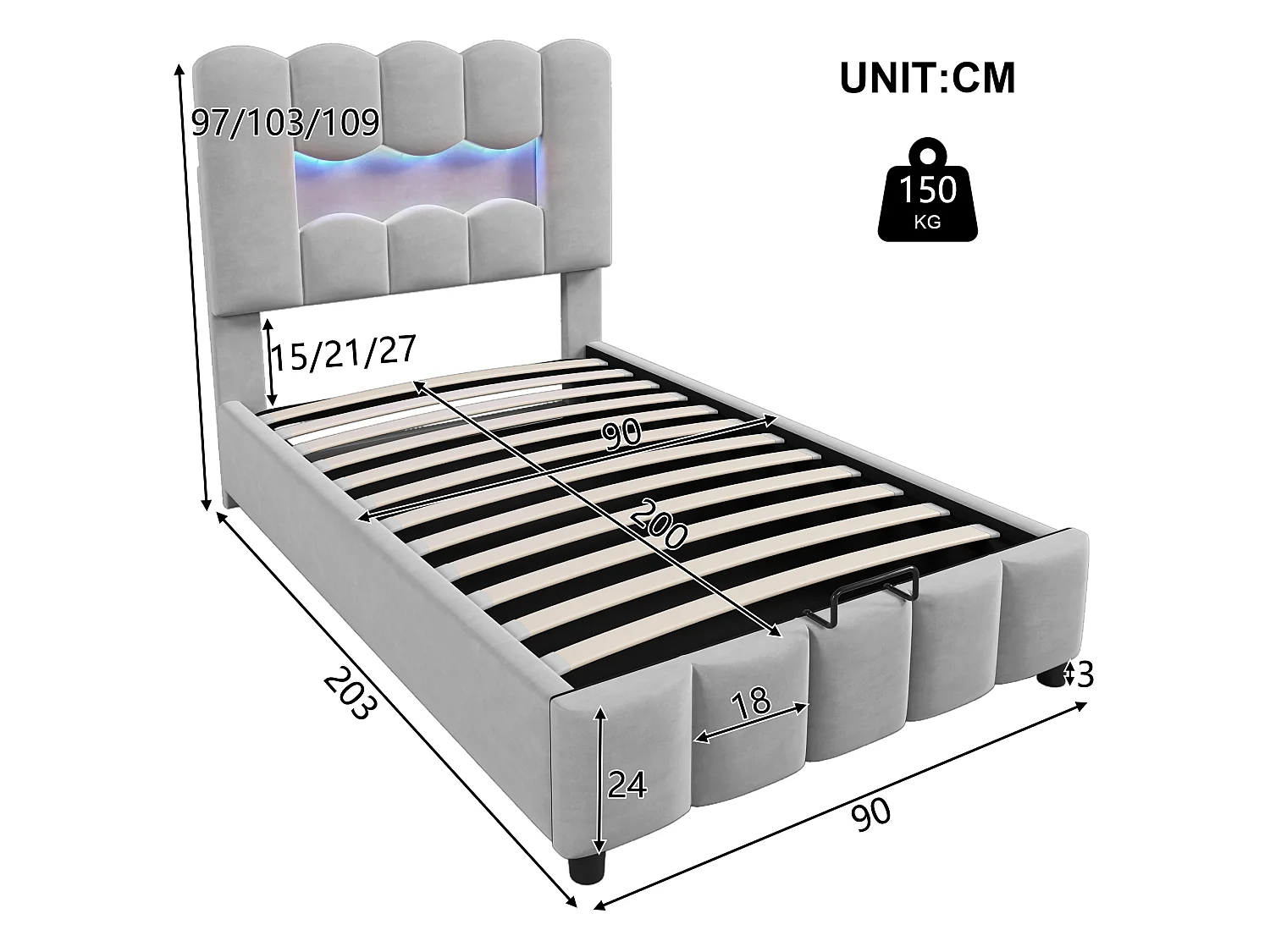 Lit rembourré pour enfant 90 x 200 cm, avec éclairage LED, équipé d'un système hydraulique, tête de lit réglable, en velours, gris