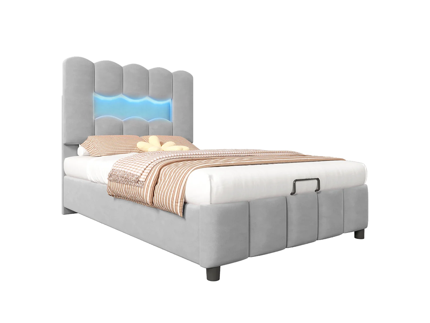 Lit rembourré pour enfant 90 x 200 cm, avec éclairage LED, équipé d'un système hydraulique, tête de lit réglable, en velours, gris