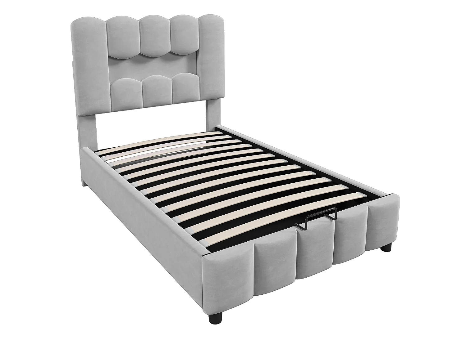 Lit rembourré pour enfant 90 x 200 cm, avec éclairage LED, équipé d'un système hydraulique, tête de lit réglable, en velours, gris