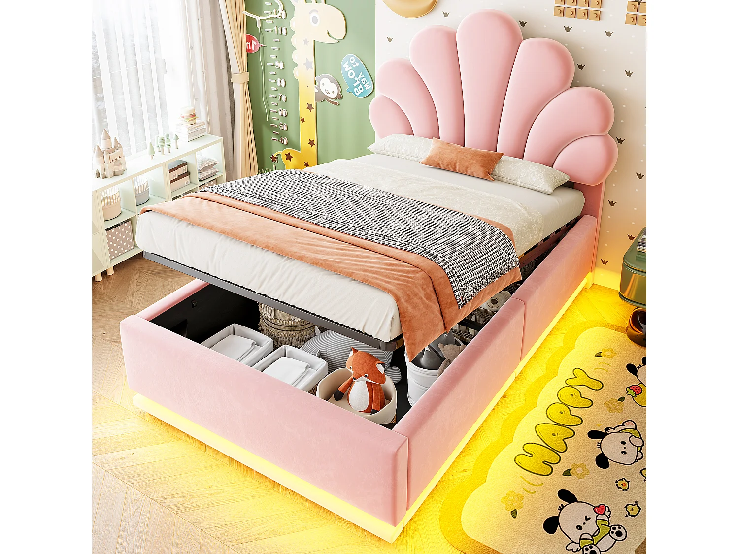 Lit rembourré pour enfant 90 × 200 cm, motif floral, rangement hydraulique, éclairage LED et structure métallique, velours, rose