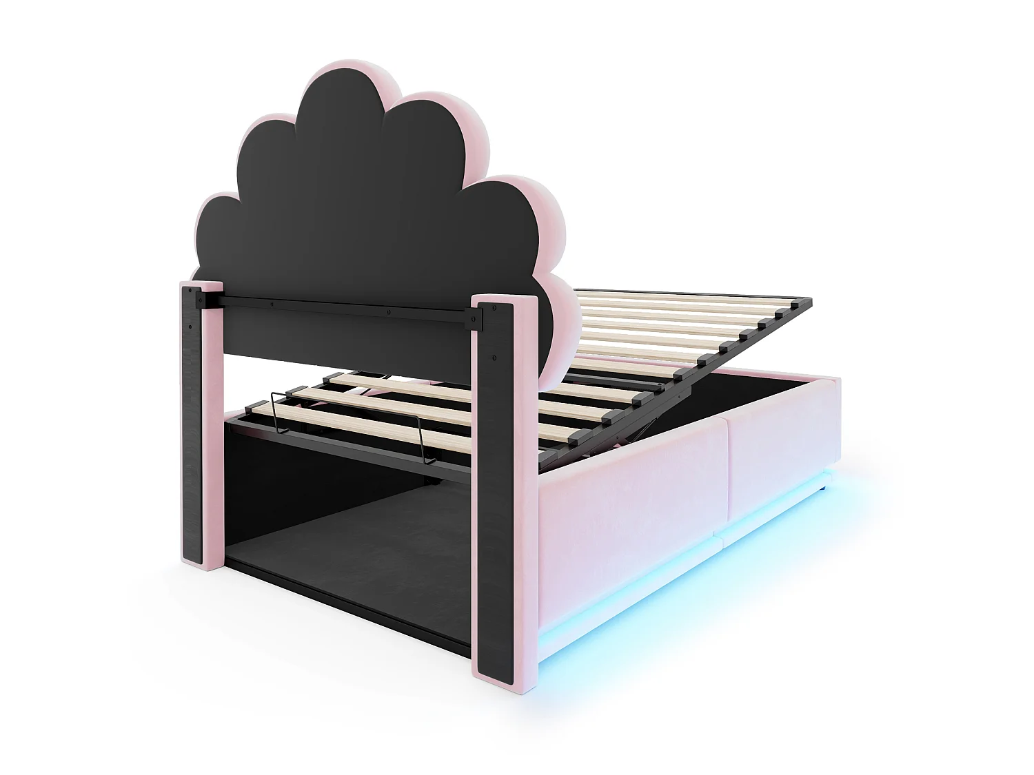 Lit rembourré pour enfant 90 × 200 cm, motif floral, rangement hydraulique, éclairage LED et structure métallique, velours, rose
