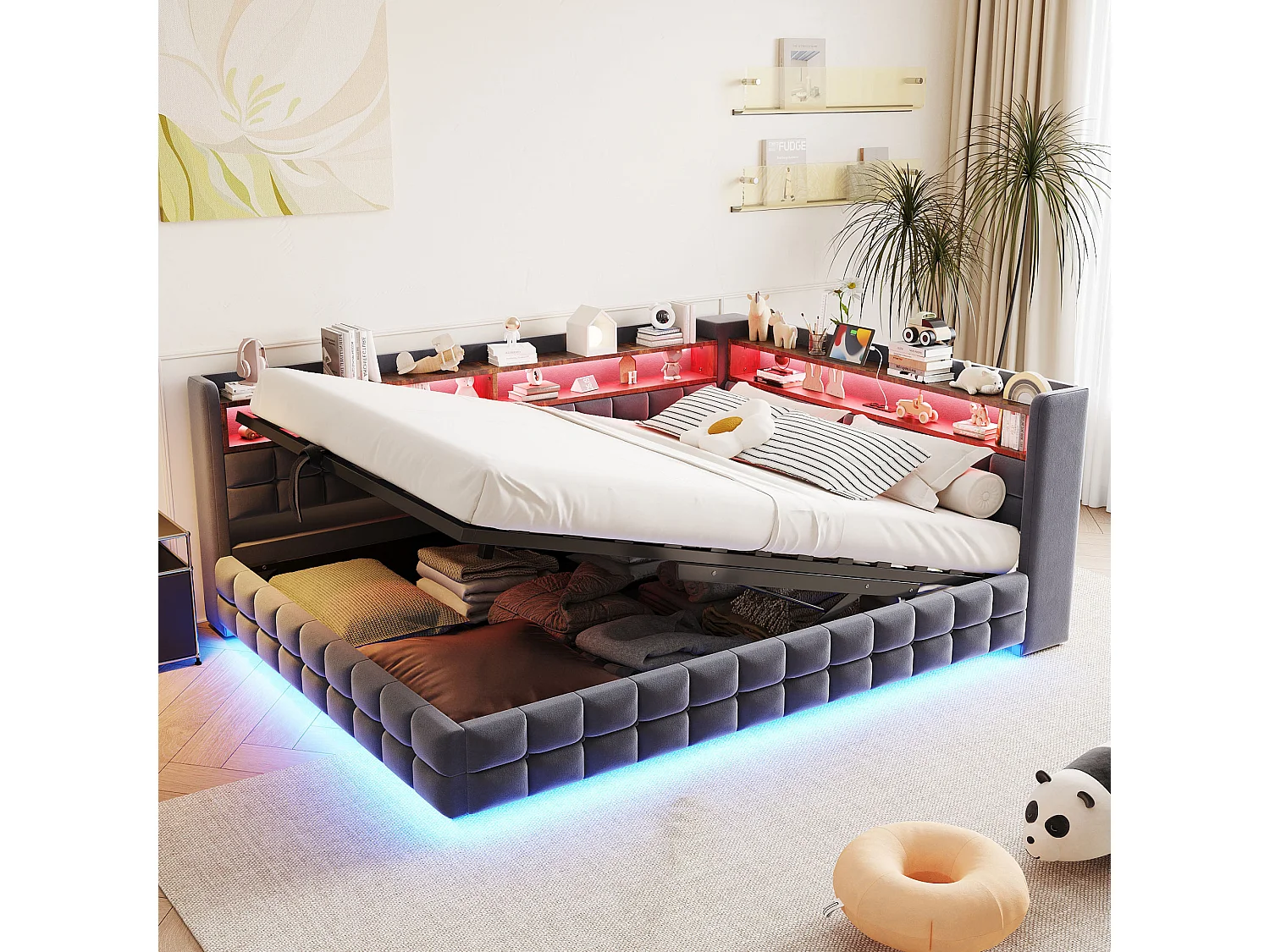 Canapé-lit 140 × 200 cm, avec rangement hydraulique, bande lumineuse LED, prises de recharge USB et Type-C, velours, gris
