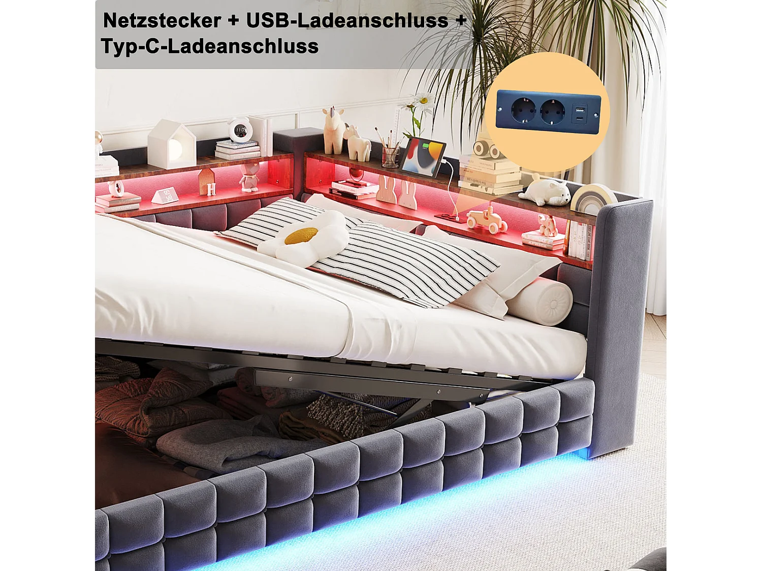 Canapé-lit 140 × 200 cm, avec rangement hydraulique, bande lumineuse LED, prises de recharge USB et Type-C, velours, gris
