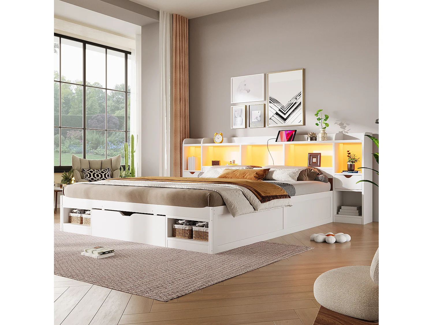 Lit adulte 180 x 200 cm, avec 3 tiroirs, plusieurs compartiments de rangement, une bande lumineuse LED et des ports USB, blanc