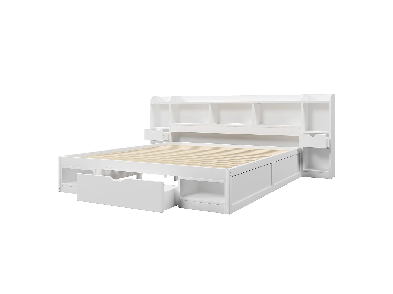 Lit adulte 180 x 200 cm, avec 3 tiroirs, plusieurs compartiments de rangement, une bande lumineuse LED et des ports USB, blanc