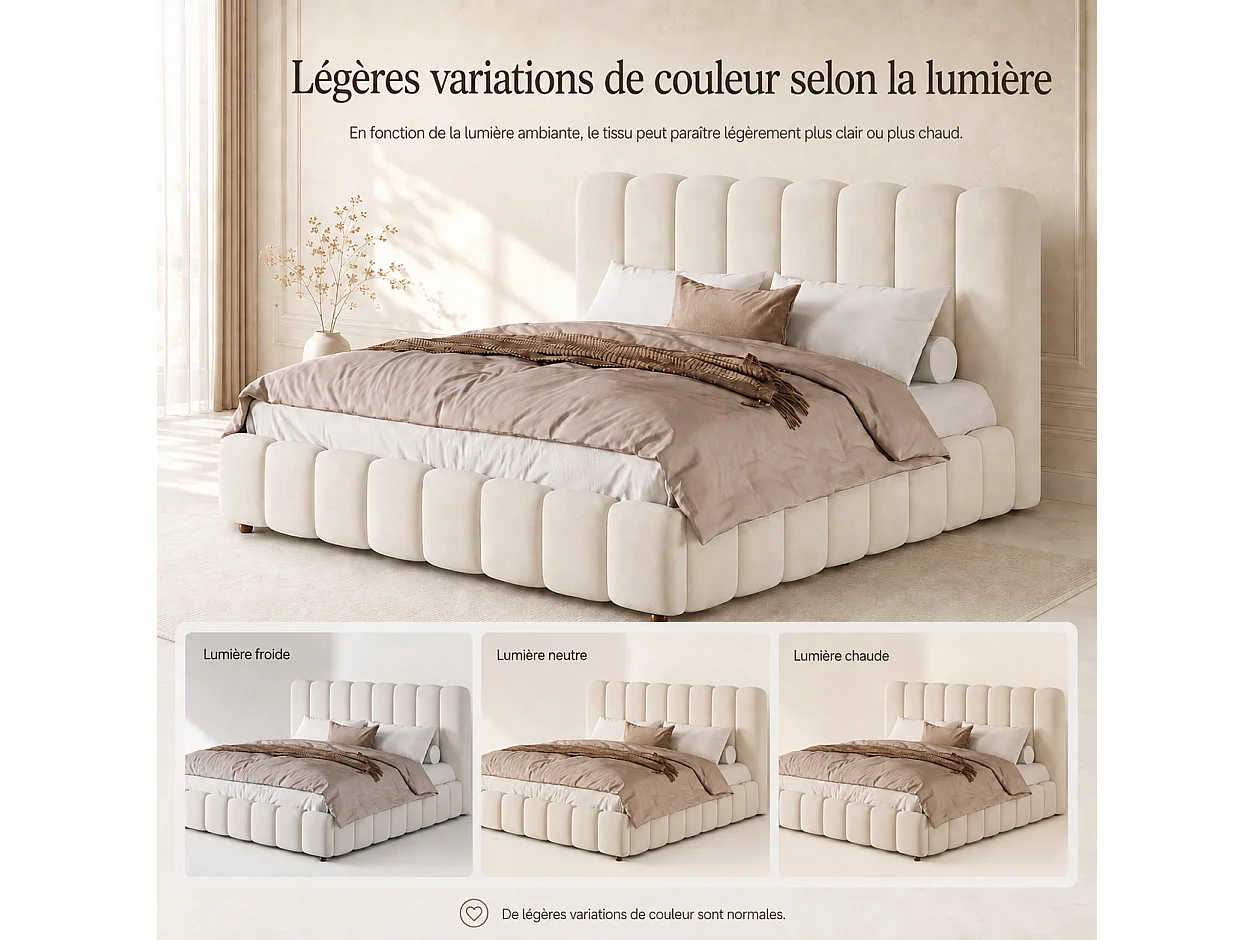 Lit double rembourré, rangement hydraulique, avec sommier et tête de lit, en velours,beige - 160 × 200 cm