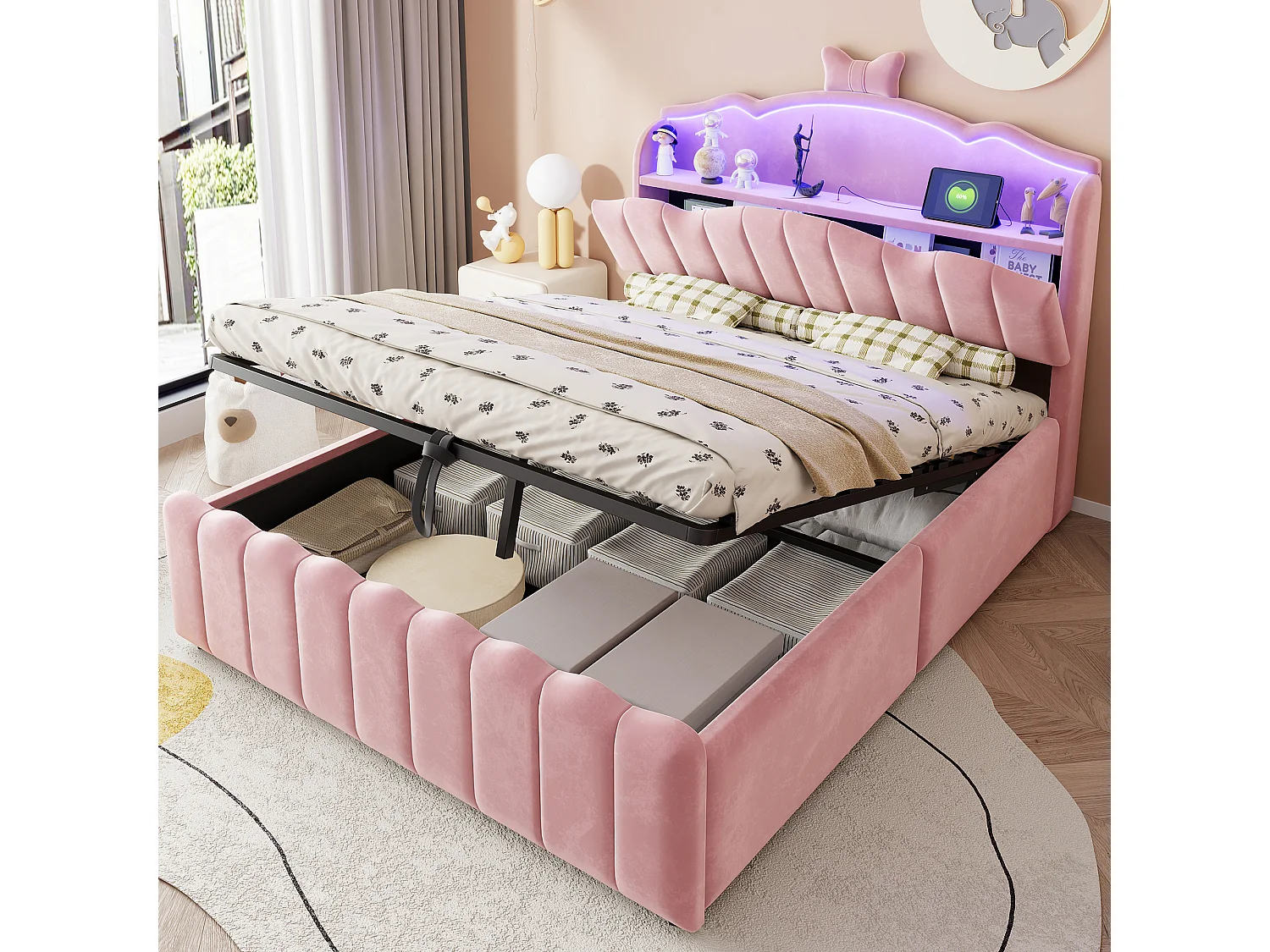 Lit pour adulte rembourré de 140 x 200 cm, avec rangement hydraulique, équipé de ports de recharge USB et USB-C, en velours, rose