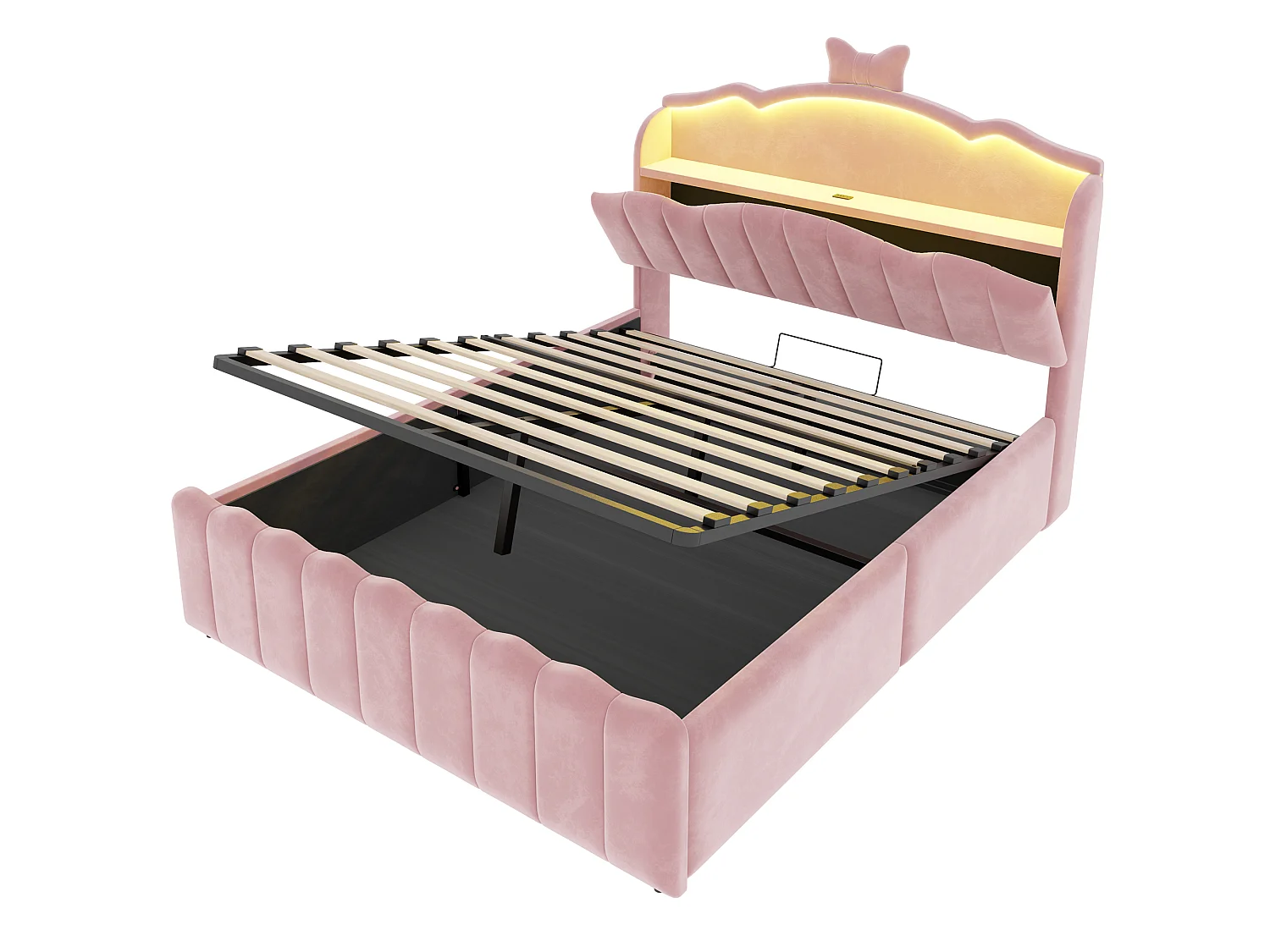Lit pour adulte rembourré de 140 x 200 cm, avec rangement hydraulique, équipé de ports de recharge USB et USB-C, en velours, rose
