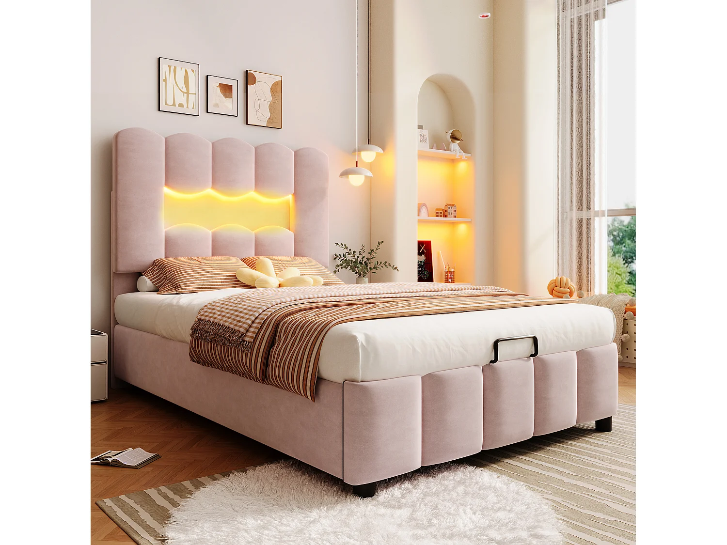 Lit rembourré pour enfant 90 x 200 cm, avec éclairage LED, équipé d'un système hydraulique, tête de lit réglable, en velours, rose