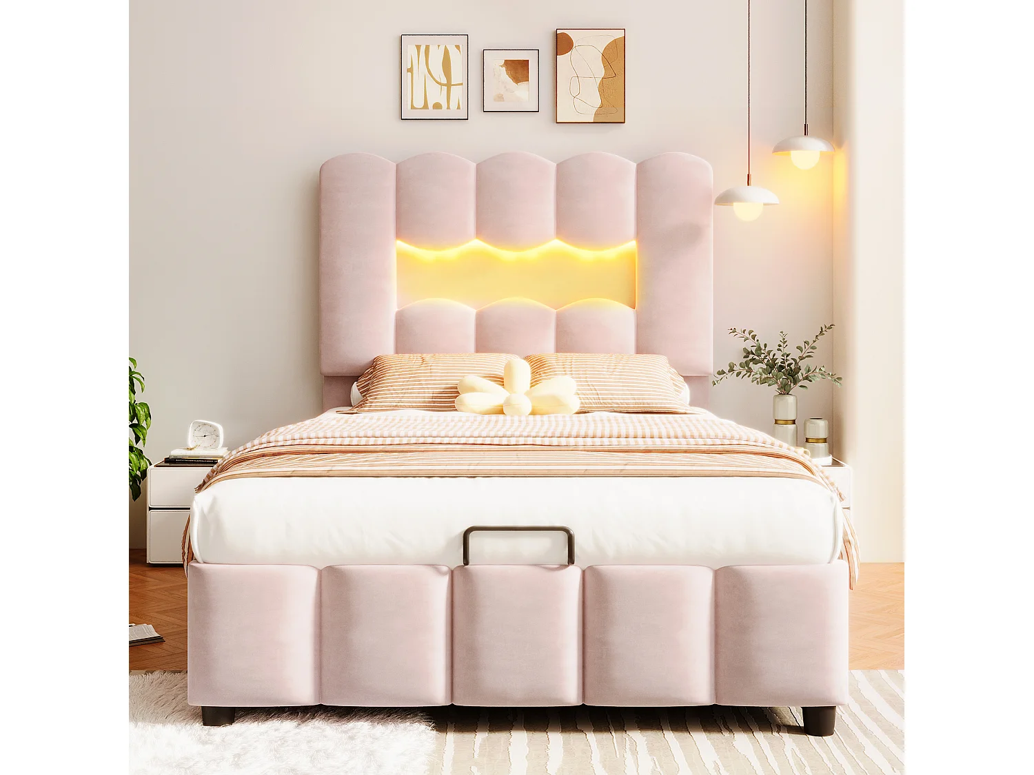 Lit rembourré pour enfant 90 x 200 cm, avec éclairage LED, équipé d'un système hydraulique, tête de lit réglable, en velours, rose