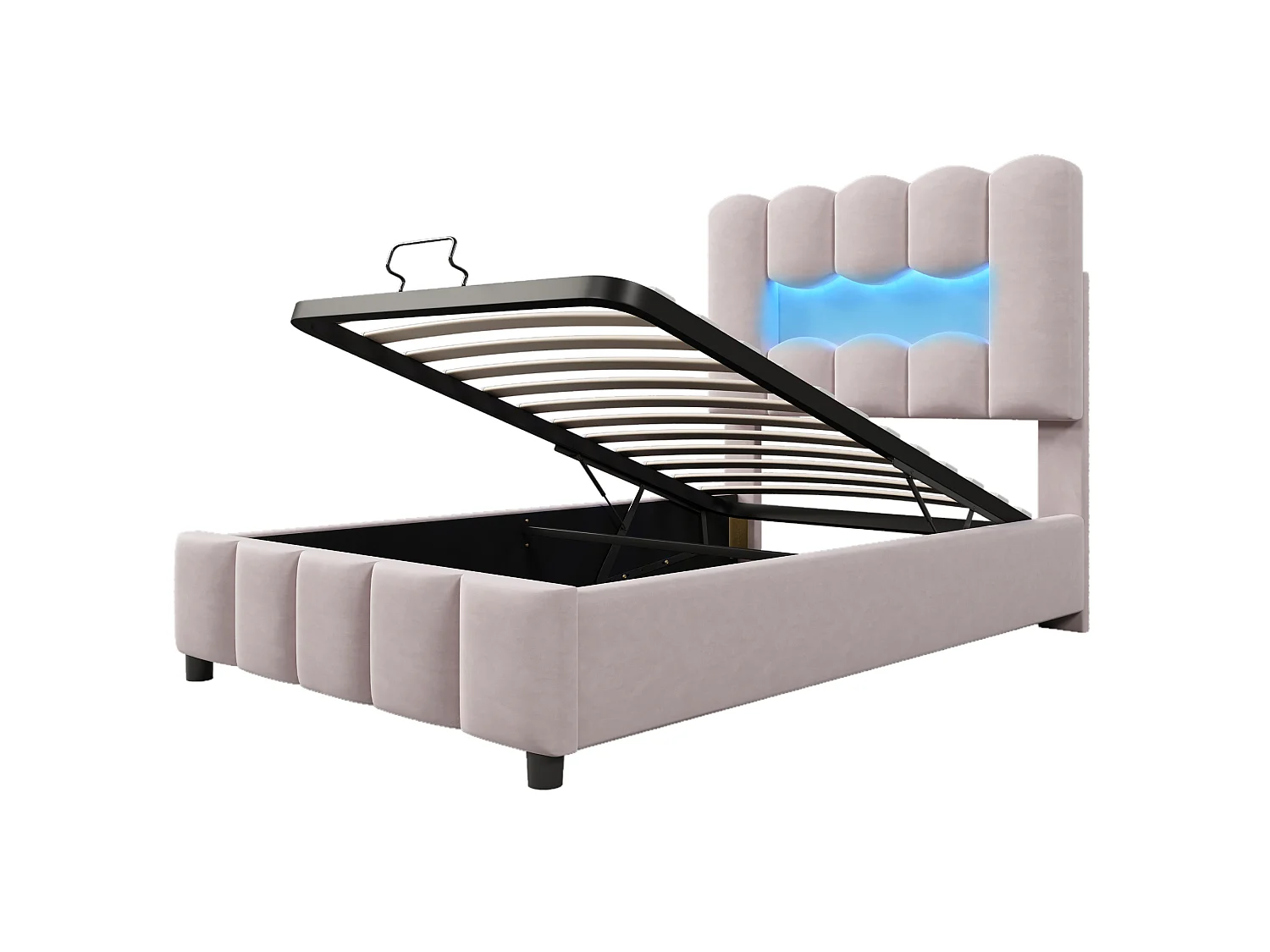 Lit rembourré pour enfant 90 x 200 cm, avec éclairage LED, équipé d'un système hydraulique, tête de lit réglable, en velours, rose