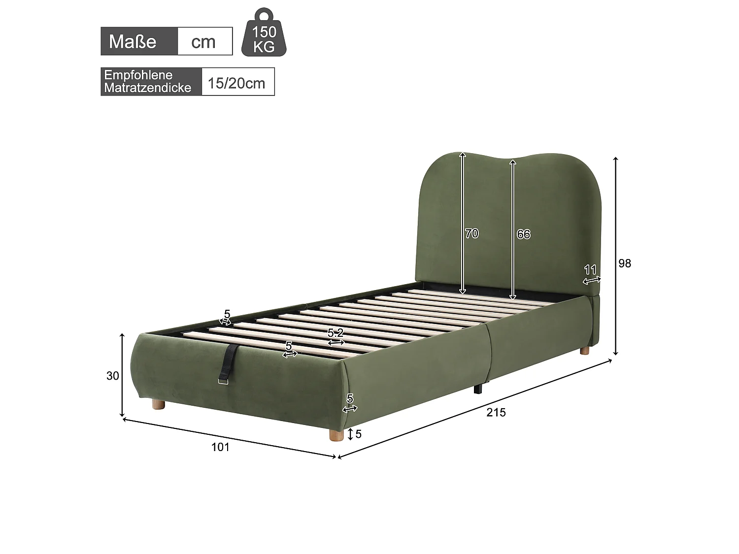 Lit rembourré pour enfant 90 × 200 cm, rangement hydraulique, avec sommier, tête de lit, tête de lit rembourrée, velours, vert