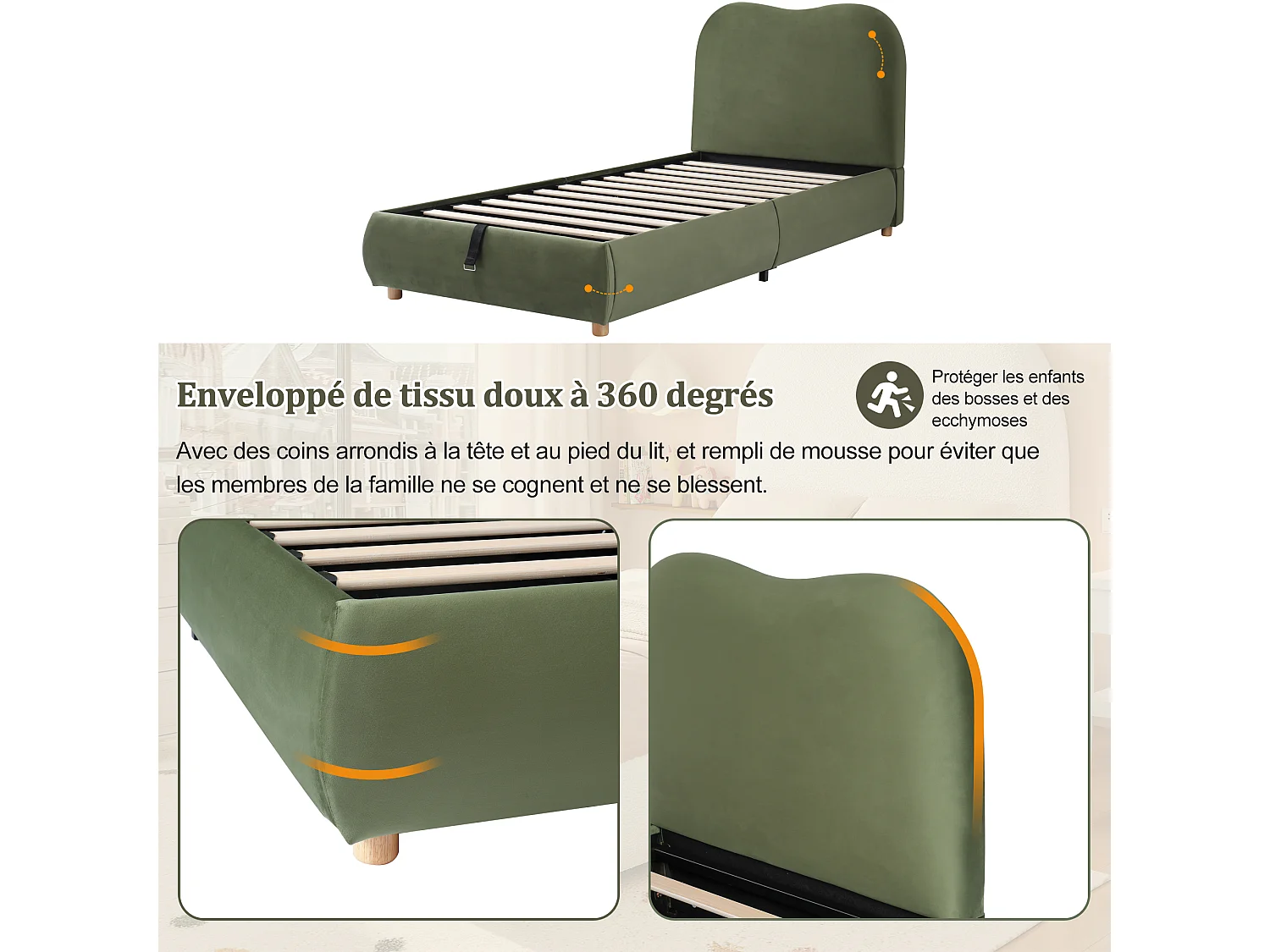 Lit rembourré pour enfant 90 × 200 cm, rangement hydraulique, avec sommier, tête de lit, tête de lit rembourrée, velours, vert