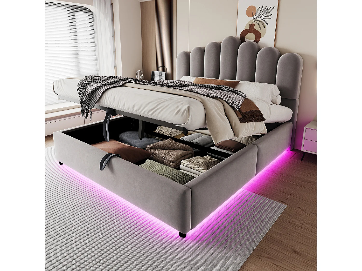 Lit rembourré pour adulte 140 × 200 cm, avec rangement hydraulique, bande lumineuse LED, tête de lit en velours, gris