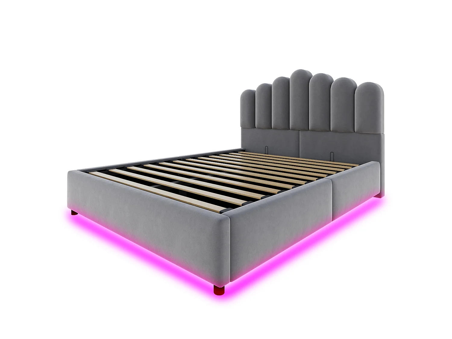 Lit rembourré pour adulte 140 × 200 cm, avec rangement hydraulique, bande lumineuse LED, tête de lit en velours, gris