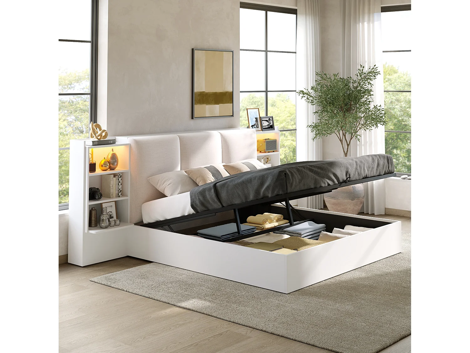 Cama para adultos 180 x 200 cm, arrumação hidráulica, com cabeceira estofada, 6 compartimentos de arrumação e faixa luminosa LED, branco