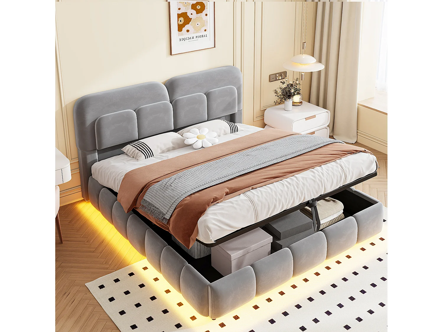 Lit adulte 140 x 200 cm, rangement hydraulique, équipé d'une bande lumineuse, d'une tête de lit et de panneaux latéraux, en velours, gris