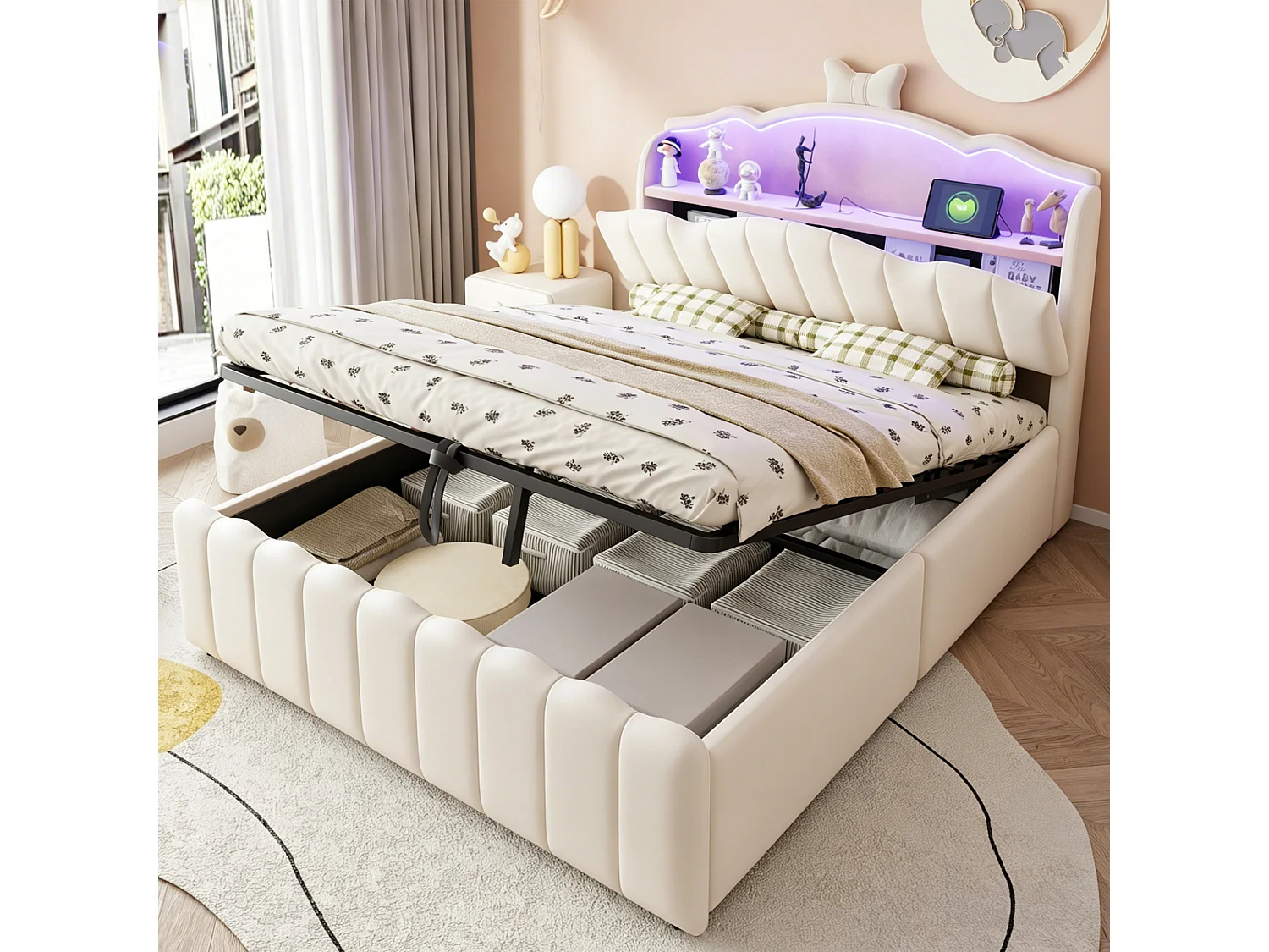 Lit pour adulte rembourré de 140 x 200 cm, avec rangement hydraulique, équipé de ports de recharge USB et USB-C, en velours, beige