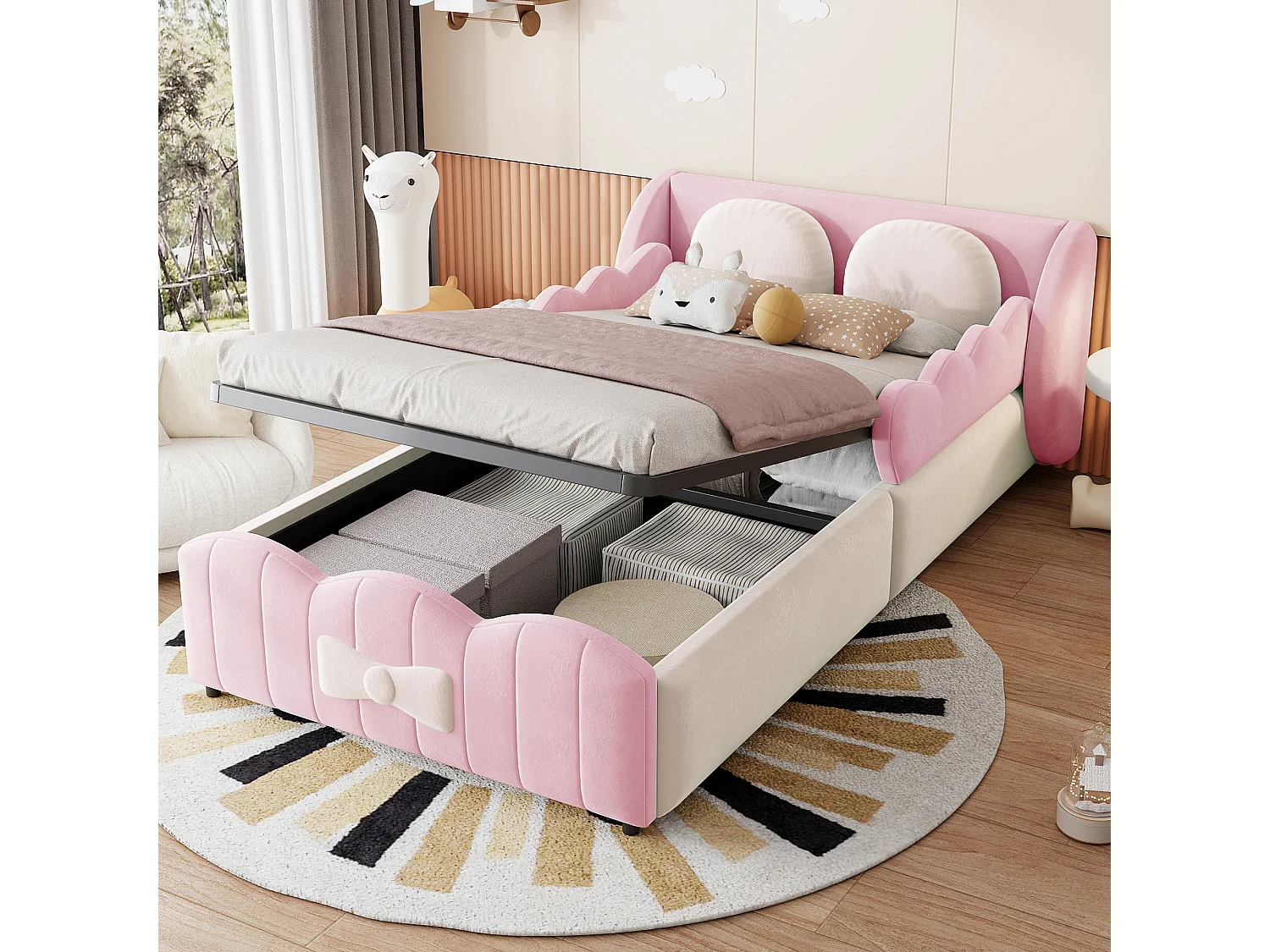 Lit simple pour enfant 90 x 200, avec rangement hydraulique, livré avec 2 grands coussins décoratifs, en velours, rose